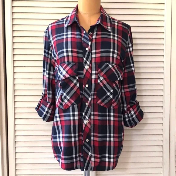 Zara Womens Plaid Shirt Medium Red Navy Long Sleeve Casual Collared Snap Button - Picture 3 of 9